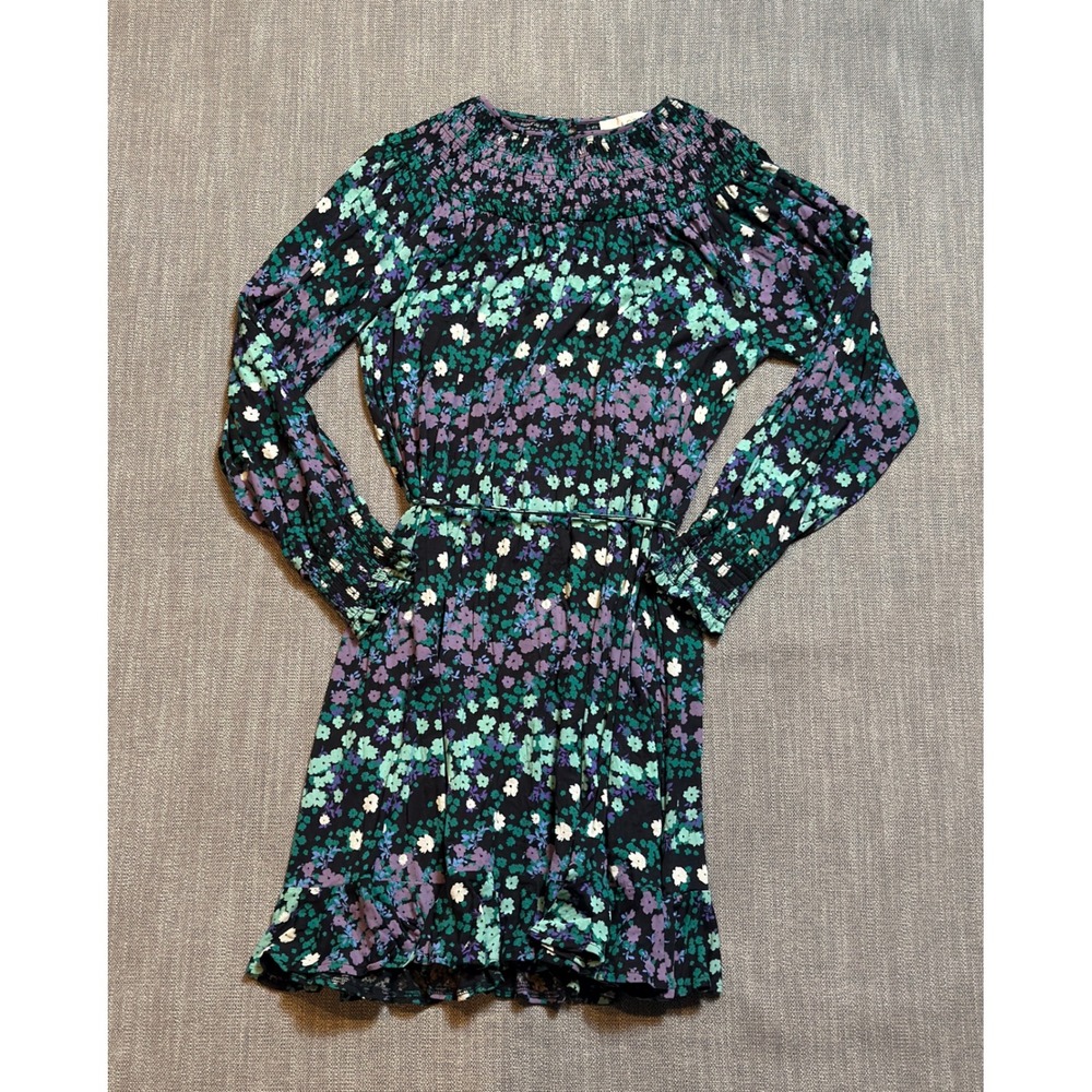 LOFT‎ Floral Smocked Shirred Waist Long Sleeve Mini Dress Size Large